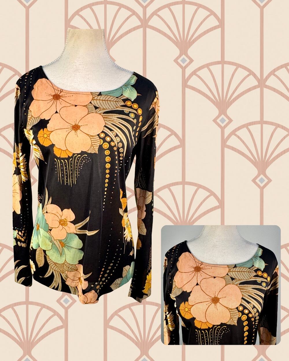 Vintage 70s Gina Di Roma Art Deco Floral Long Sleeve Scarf and Shirt Set  Size M